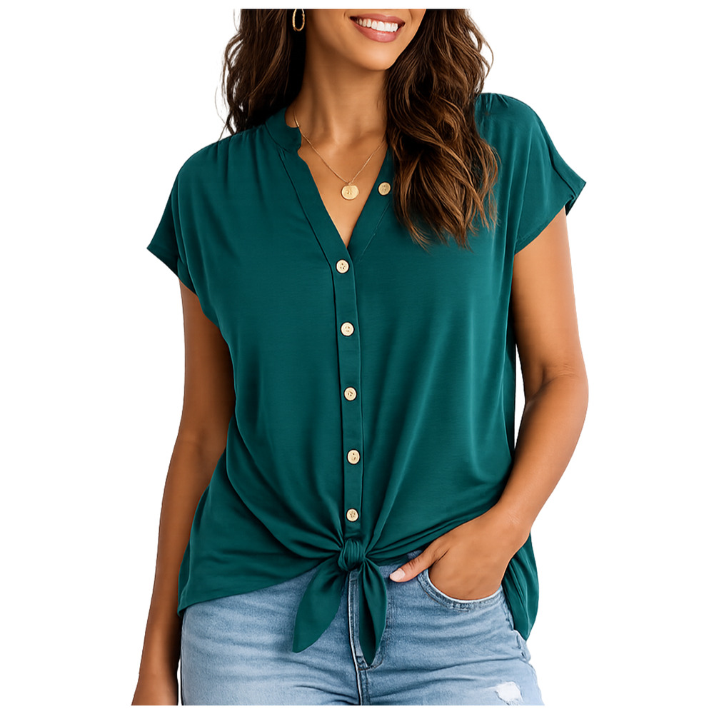 NWT Fortune + Ivy Dark Green Esther Tie Front Button Down Womens HiLow Top Large